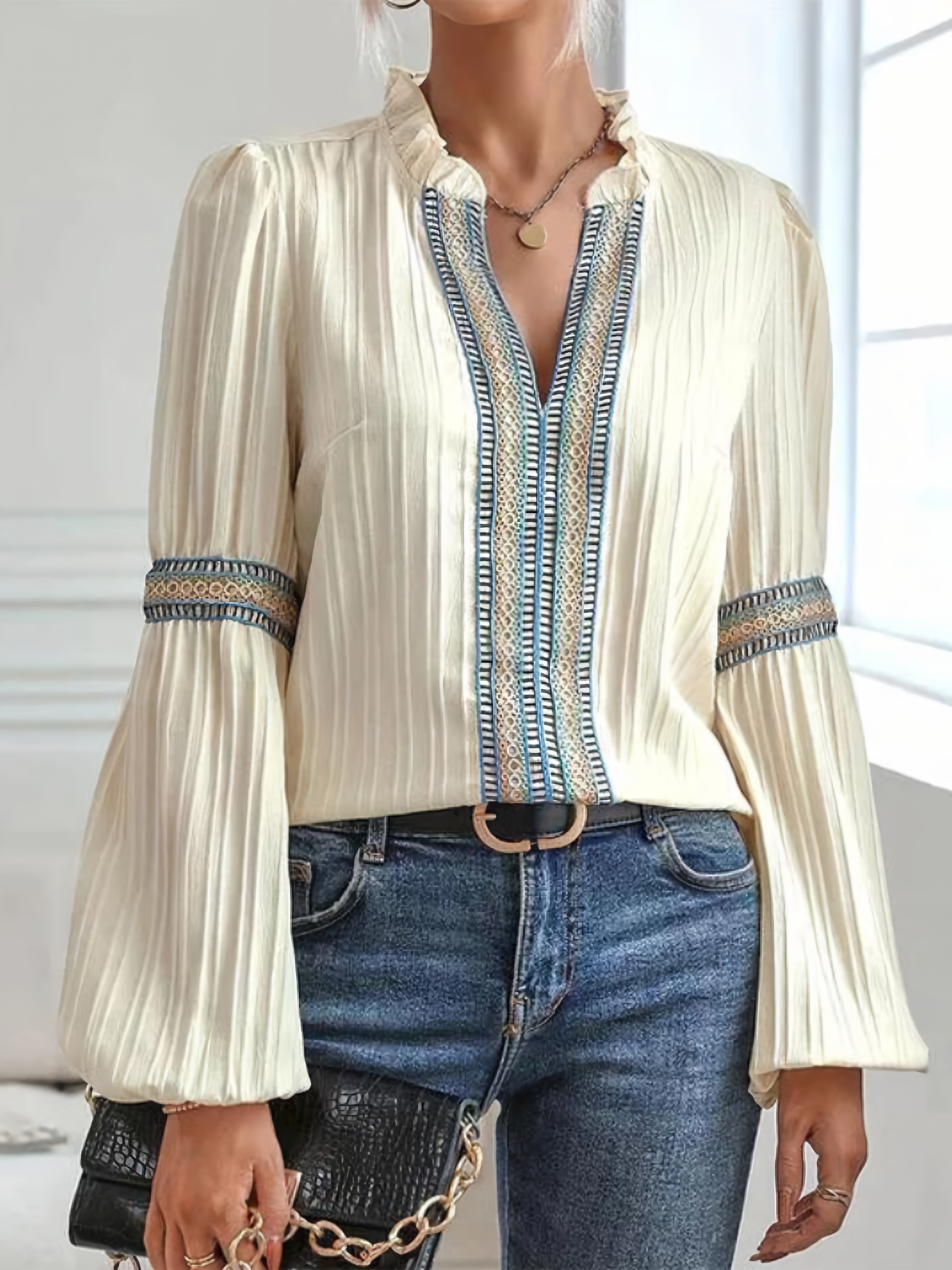 Tribal Trim Pleated Blouse