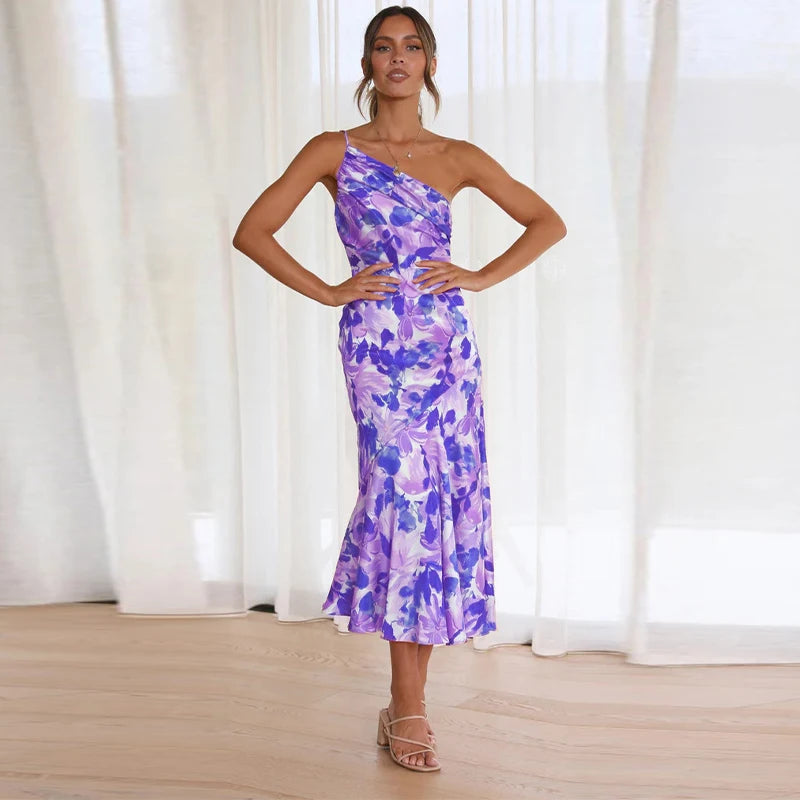 Floral Print One-Shoulder Mermaid Dress