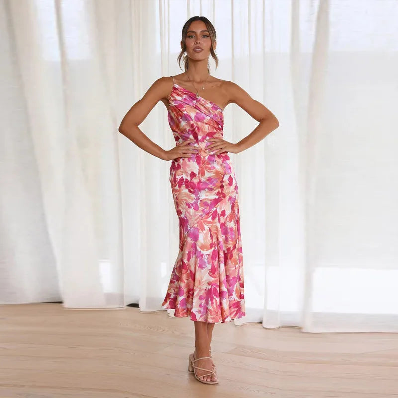 Floral Print One-Shoulder Mermaid Dress