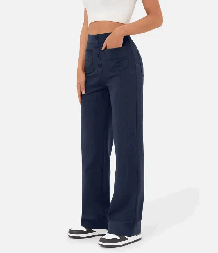 High-waisted elastic trousers